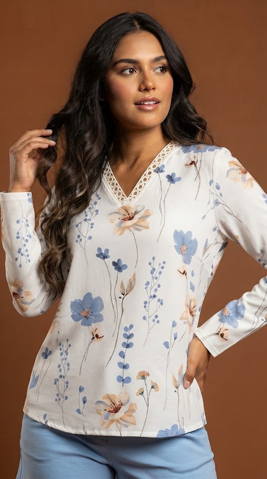 Blusa blanca floral manga larga / L44A