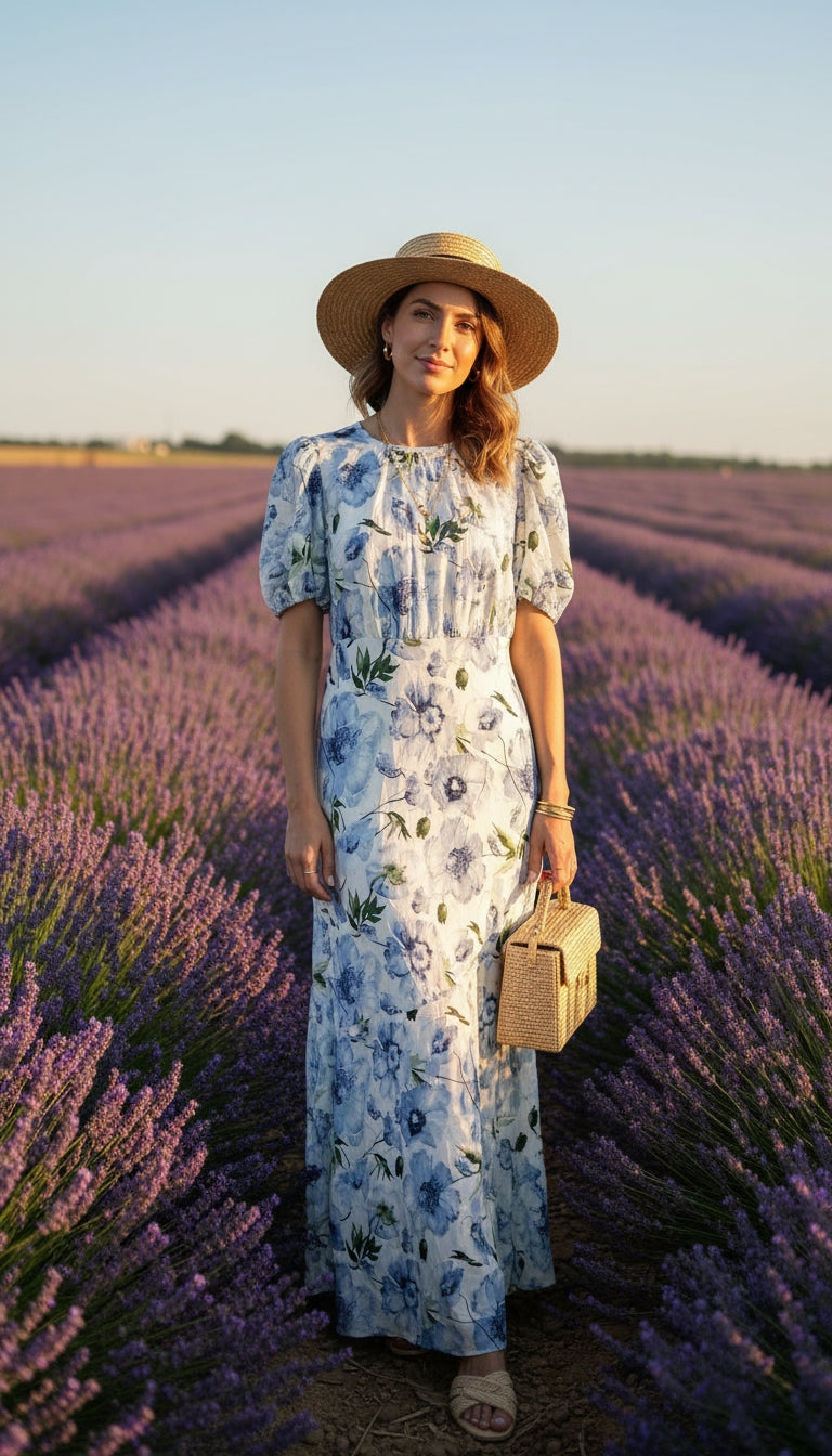 Vestido largo blanco con estampado floral azul /SH12 image 0
