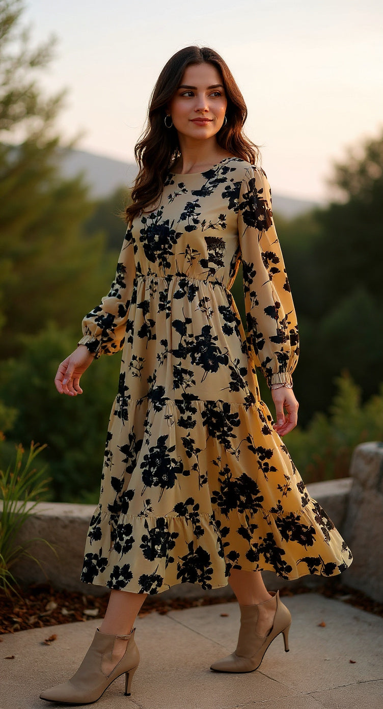 Vestido largo floral en tonos beige y negro /SH16 image 0