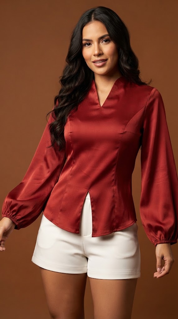 Blusa satinada con cuello en V/ AO8