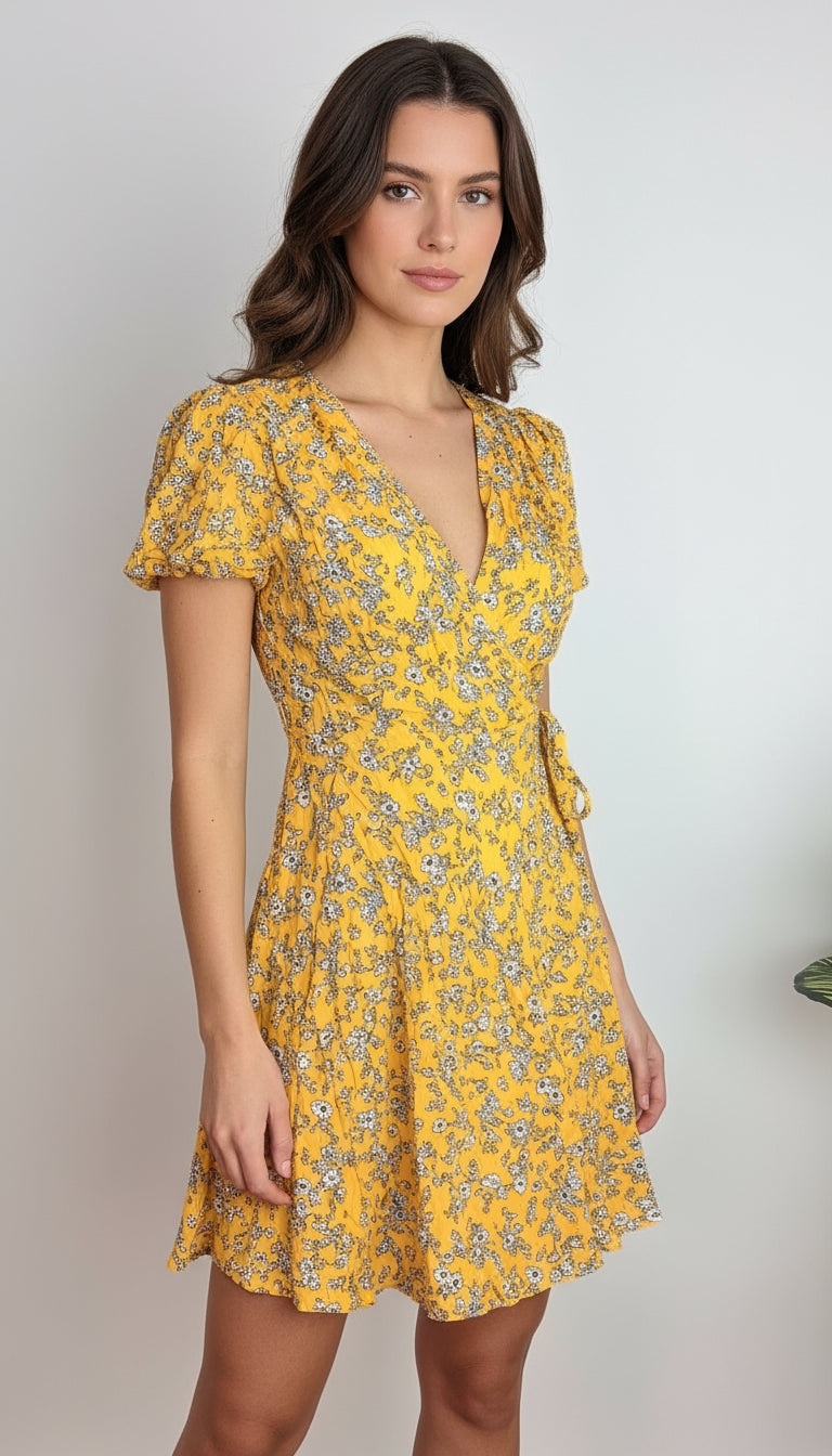 Vestido corto mostaza con vuelo y escote cruzado /ANV05 image 2