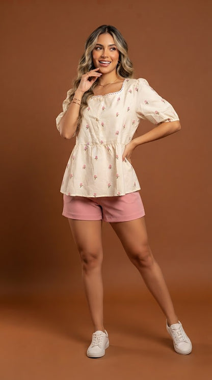 Blusa blanca peplum floral / L14A