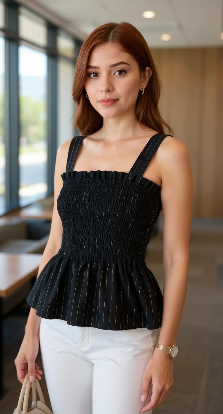 Blusa negra con tirantes y vuelo / P161 image 0