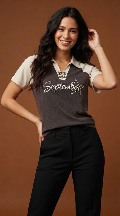 Blusa gris con cuello beige / P318