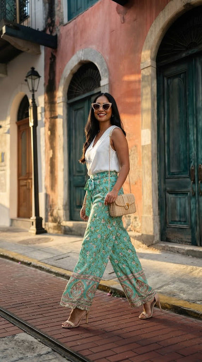 Pantalón palazzo turquesa floral / ANE1001-68