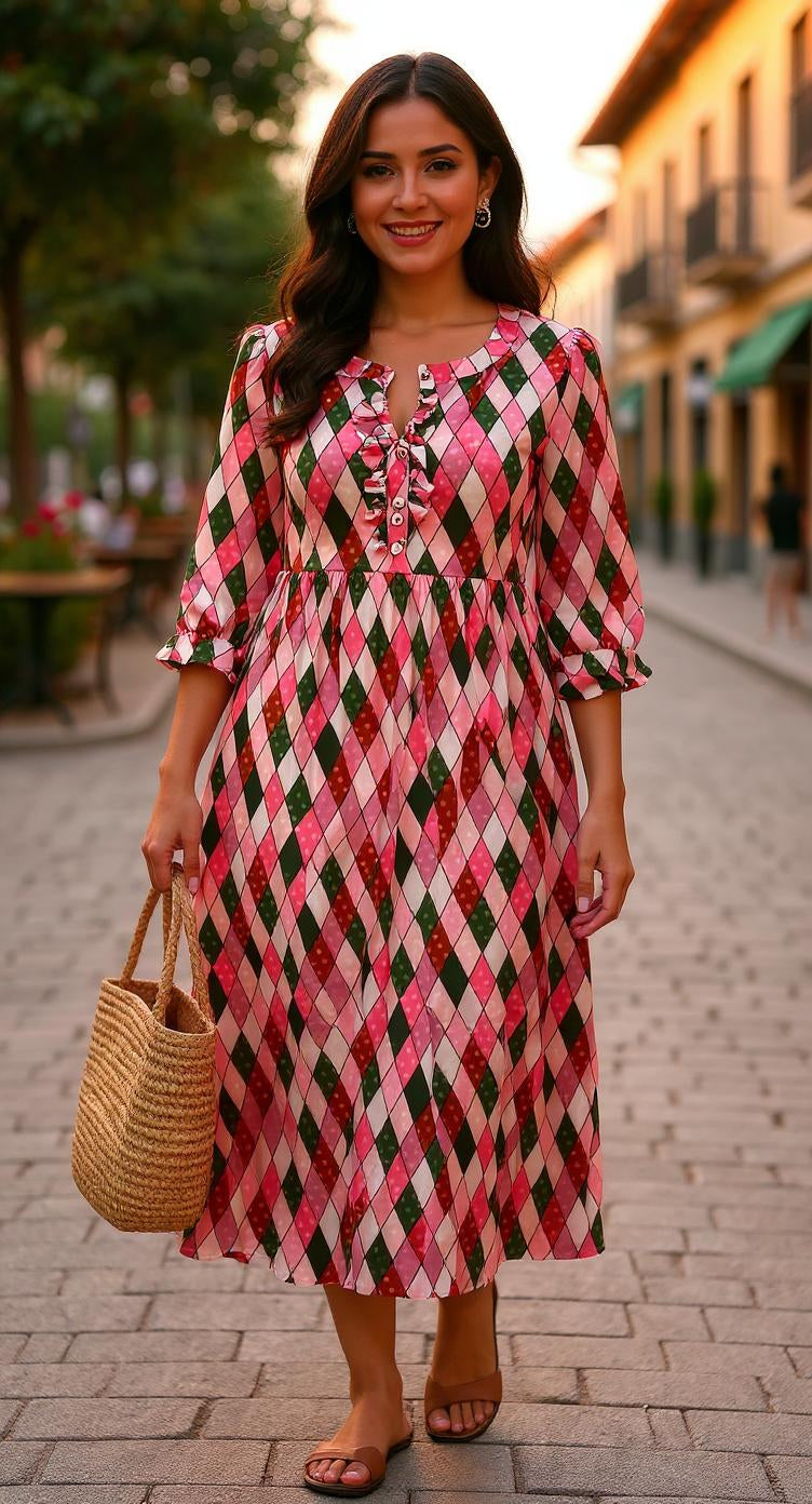 Vestido estampado con cuadros rosas y verdes AOMEI / AO91 image 1