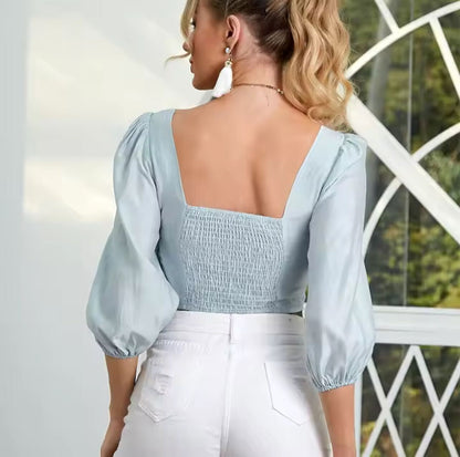 Top Azul con escote cuadrado y mangas globo / V307 image 2