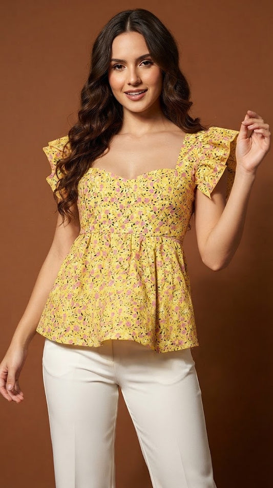 Blusa Romántica Amarilla con Estampado de Flores / SH42 Betzy