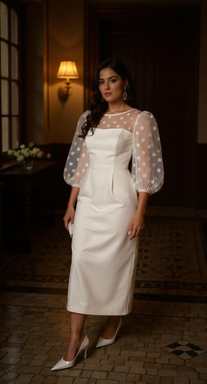 Vestido blanco con mangas abullonadas de tul AOMEI / AO68 image 4