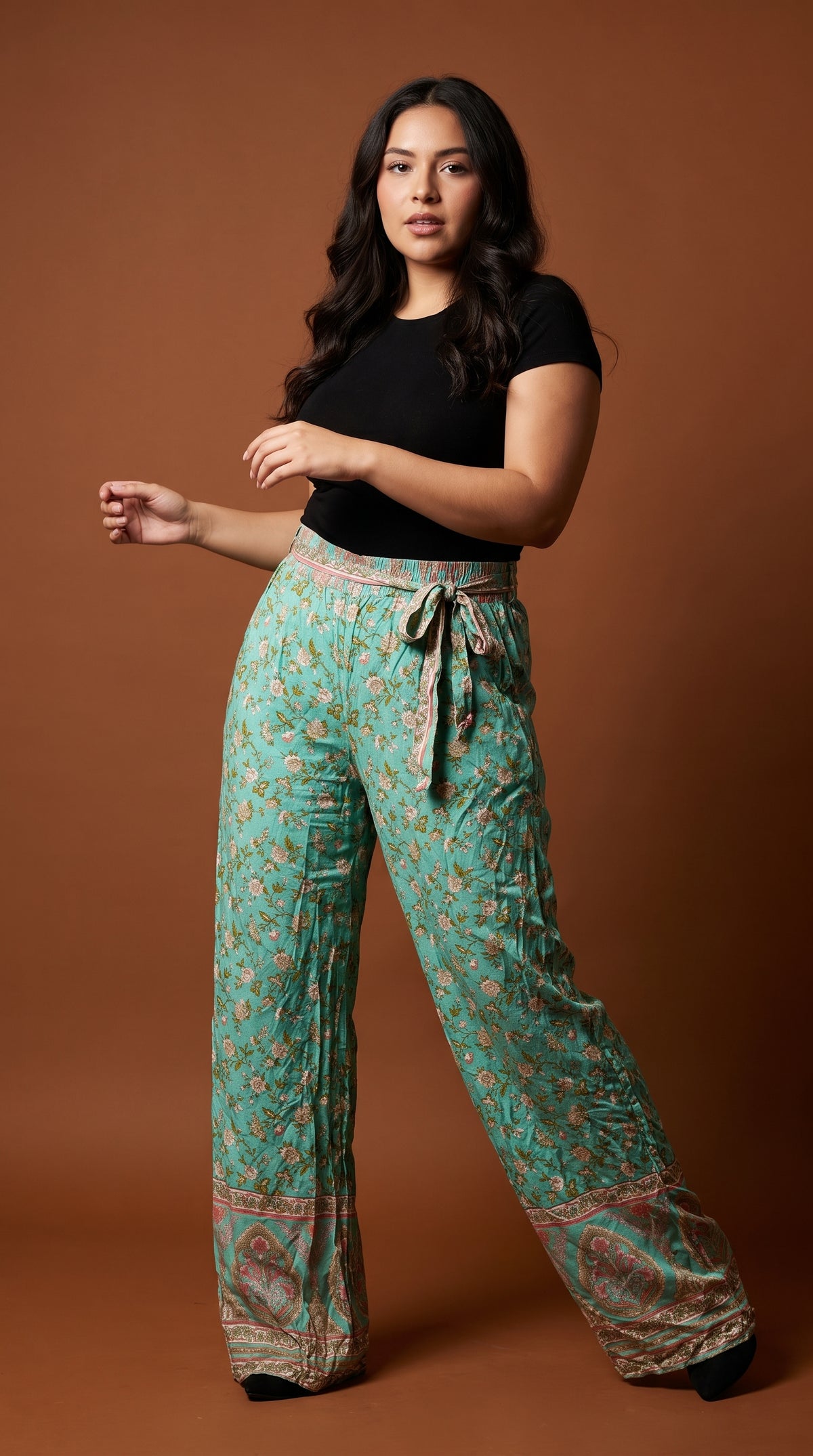 Pantalón palazzo turquesa floral / ANE1001-68