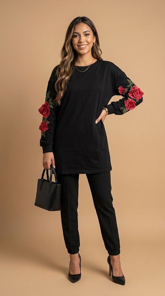 Blusa Básica con Bordado Floral en Mangas / ANB26051