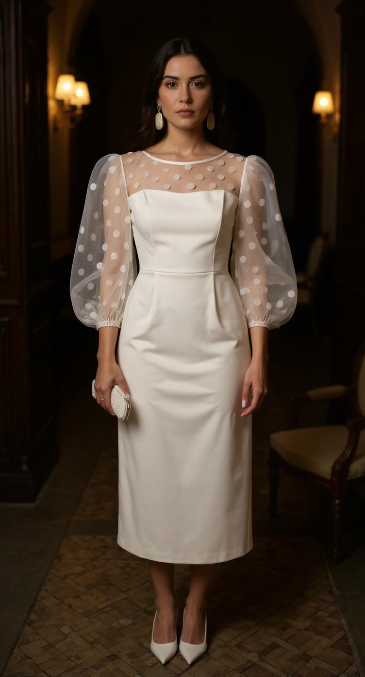 Vestido blanco con mangas abullonadas de tul AOMEI / AO68 image 5