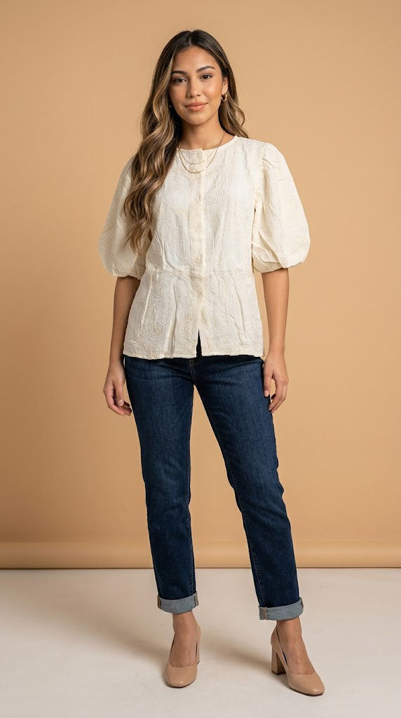Blusa Crema Manga Abullonada / ANB26097