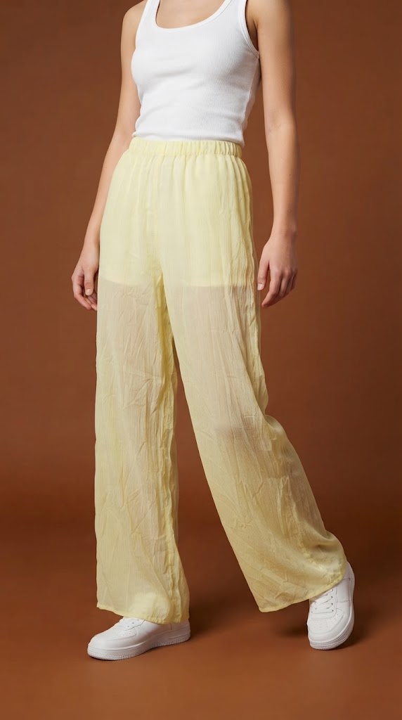 Pantalón wide-leg textura arrugada amarillo pálido / SH84