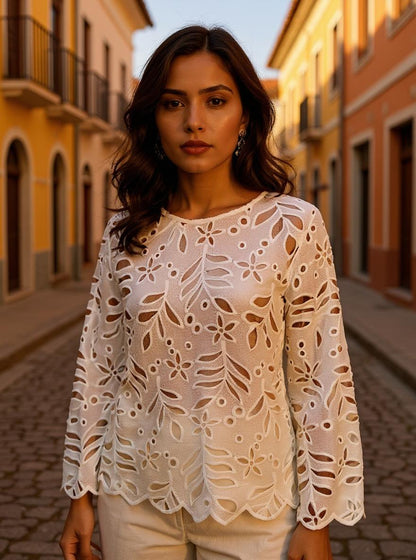 Blusa blanca bordada manga larga/ AO27 image 0