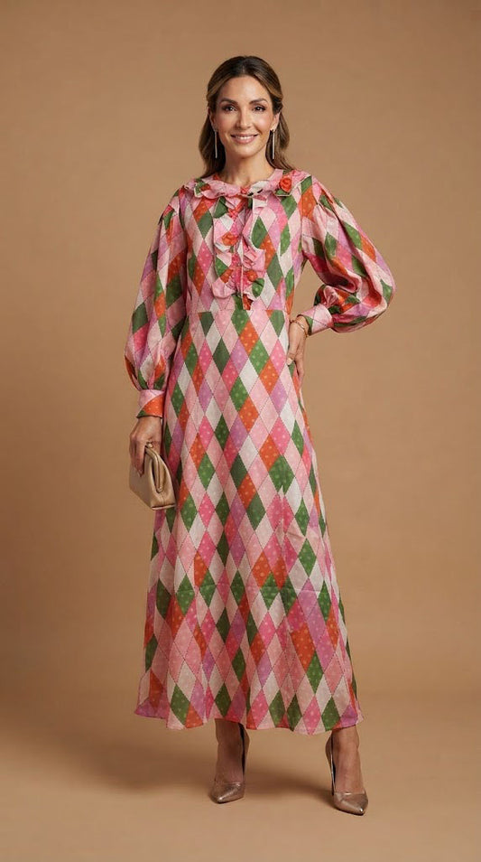 Vestido estampado con cuadros rosas y verdes AOMEI / AO91