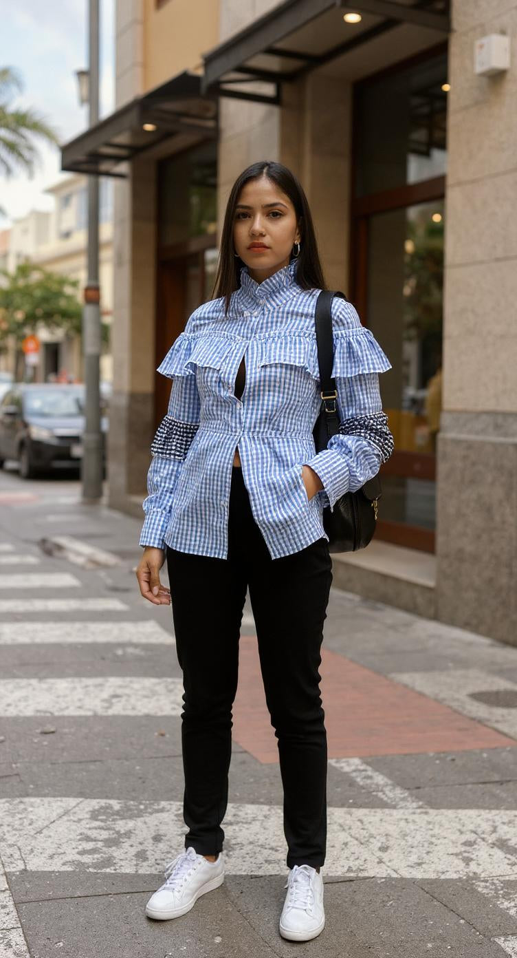 Blusa azul con cuadros y volantes/ AO69 image 5