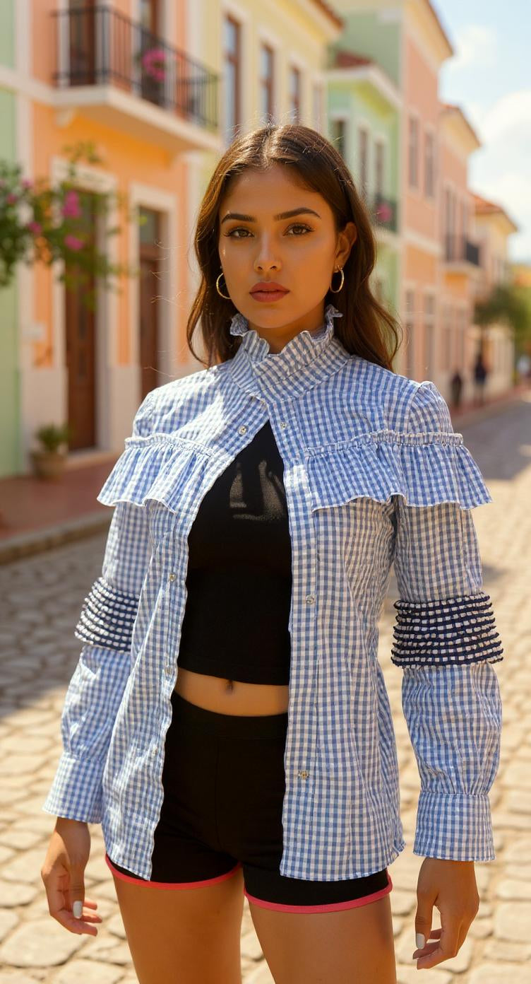 Blusa azul con cuadros y volantes/ AO69 image 1