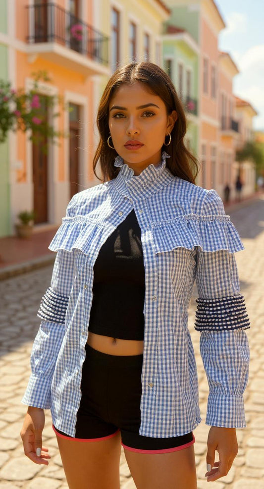 Blusa azul con cuadros y volantes/ AO69 image 1