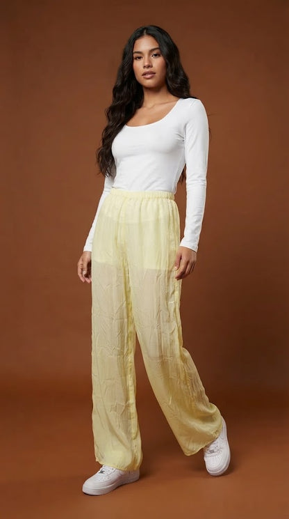 Pantalón wide-leg textura arrugada amarillo pálido / SH84