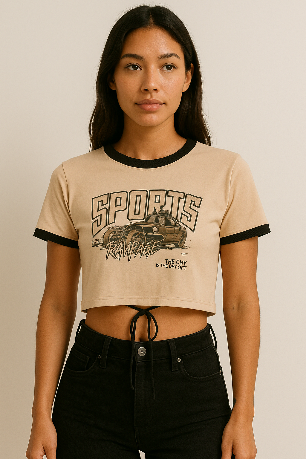 Crop beige con negro, estampado "SPORTS", bajo ajustable con amarre / P276 image 0