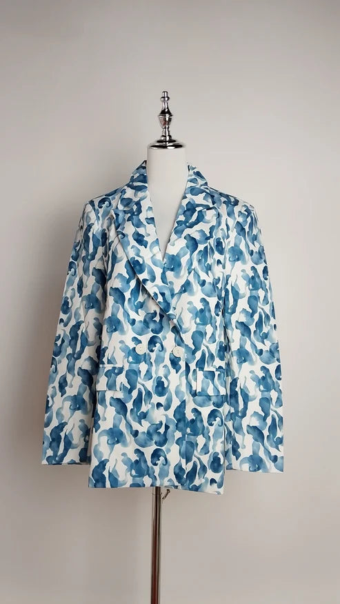 Blazer estampado azul + Vestido azul strapless satinado D&M /OUTEV138