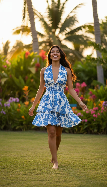 Vestido azul floral volantes / ANV26