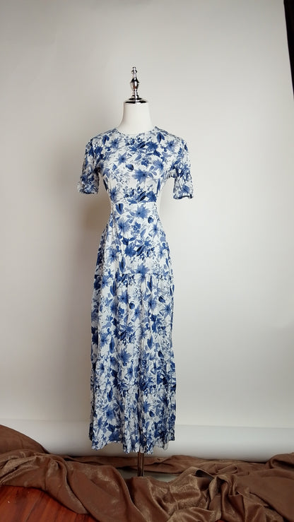 Vestido midi floral azul abertura / ANV71