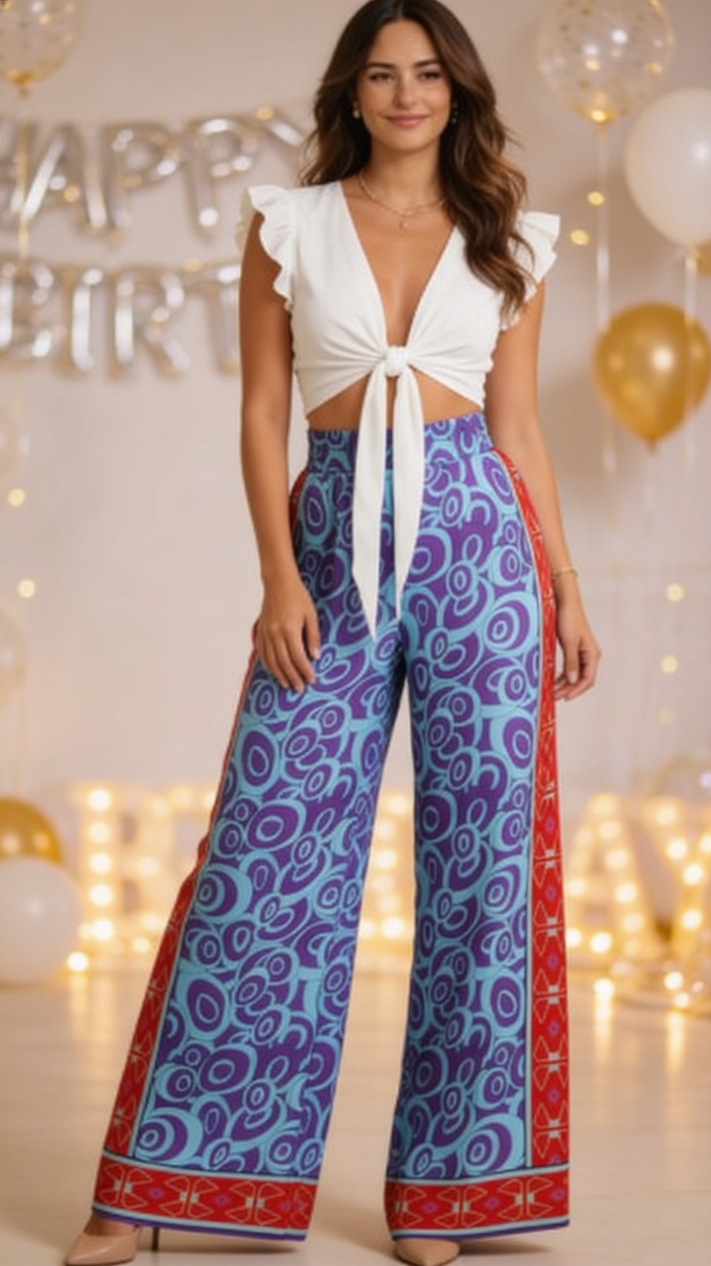 Palazzo Estampado Azul con Top Blanco / CUM33