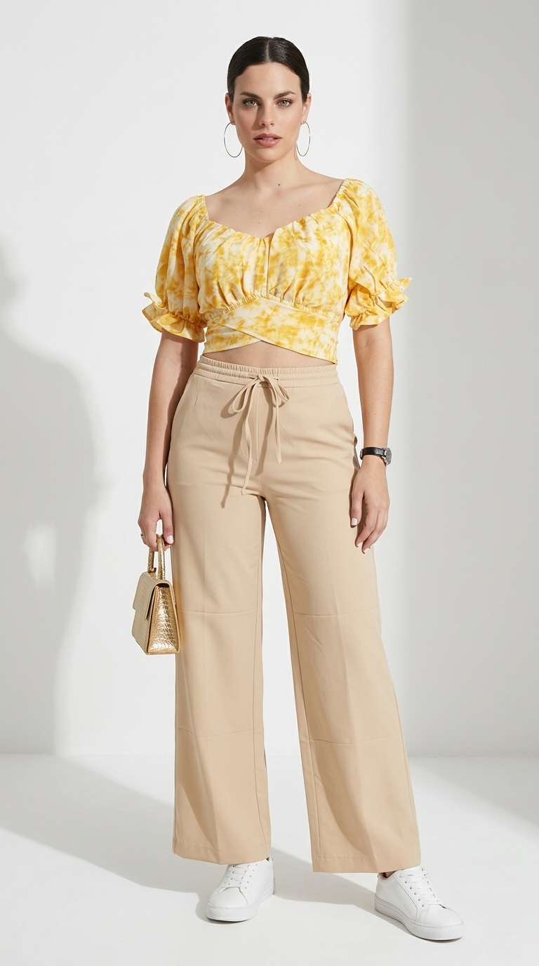 Set Amarillo Pastel con Palazzo Beige / CAS20