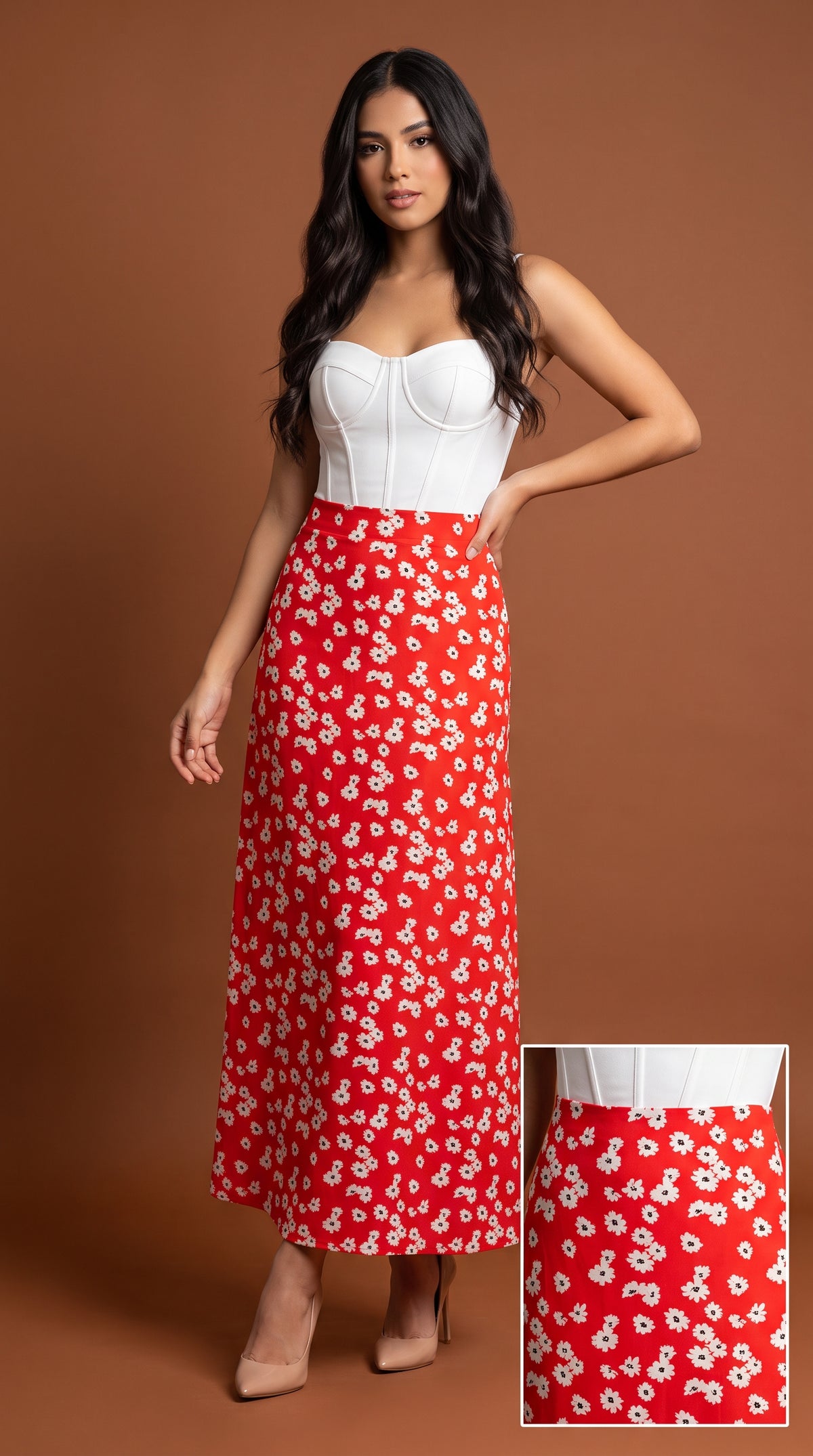 Falda midi roja floral / L19A
