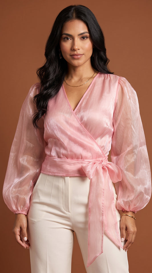 Blusa rosa con mangas de tul y nudo frontal AOMEI / AO82