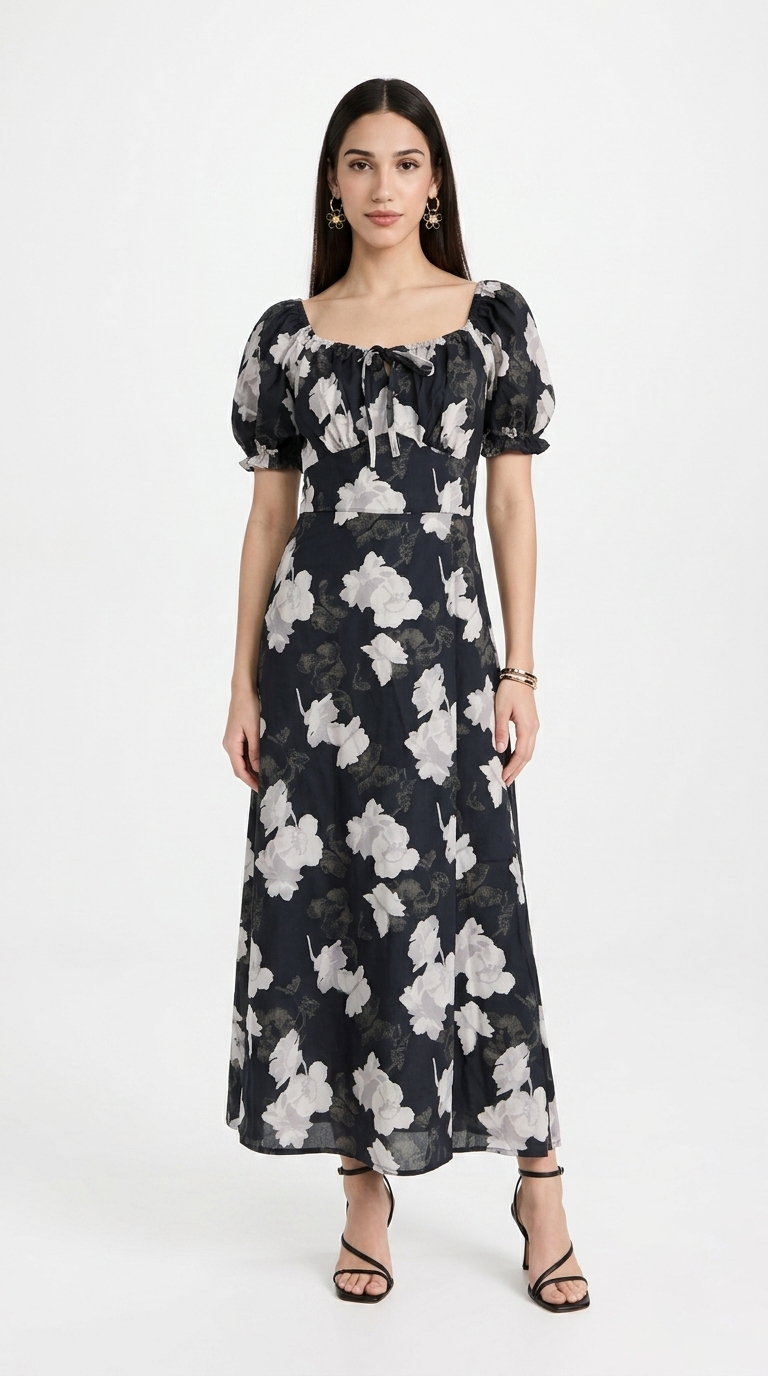 Vestido Negro Floral Maxi / L77A
