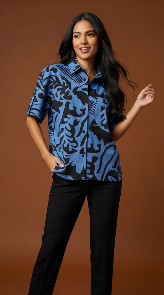 Camisa Estampada Azul y Negra / ANB26080