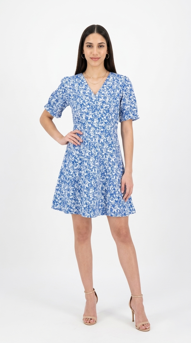 Vestido Azul Floral de Manga Corta / L78A