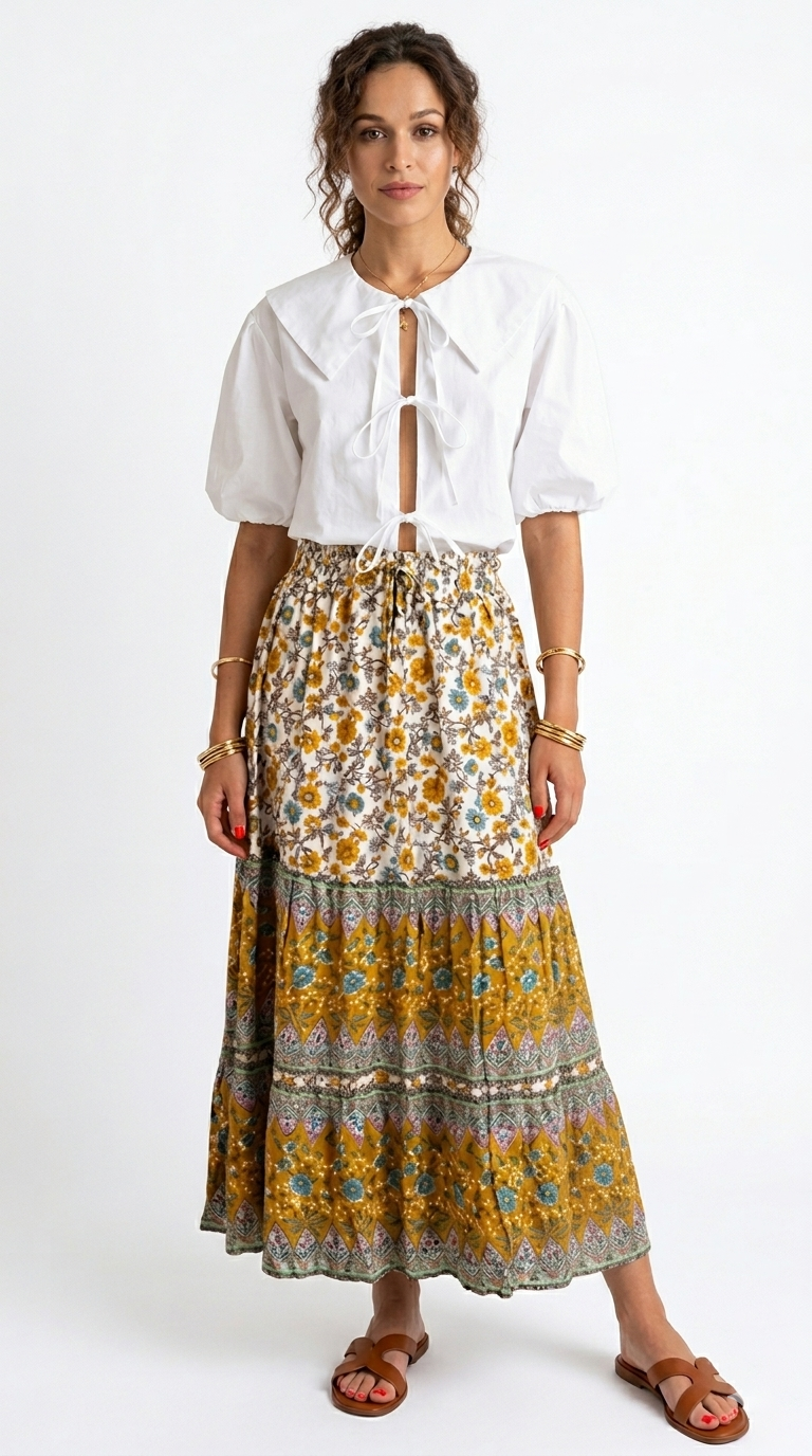 Falda Boho Mostaza Estampada y Blusa Blanca / CAS64