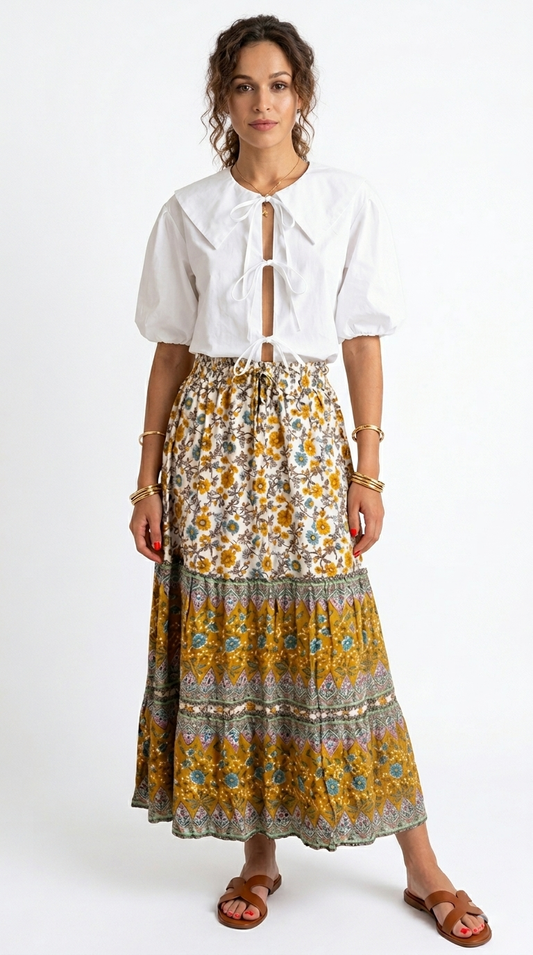 Falda Boho Mostaza Estampada y Blusa Blanca / CAS64