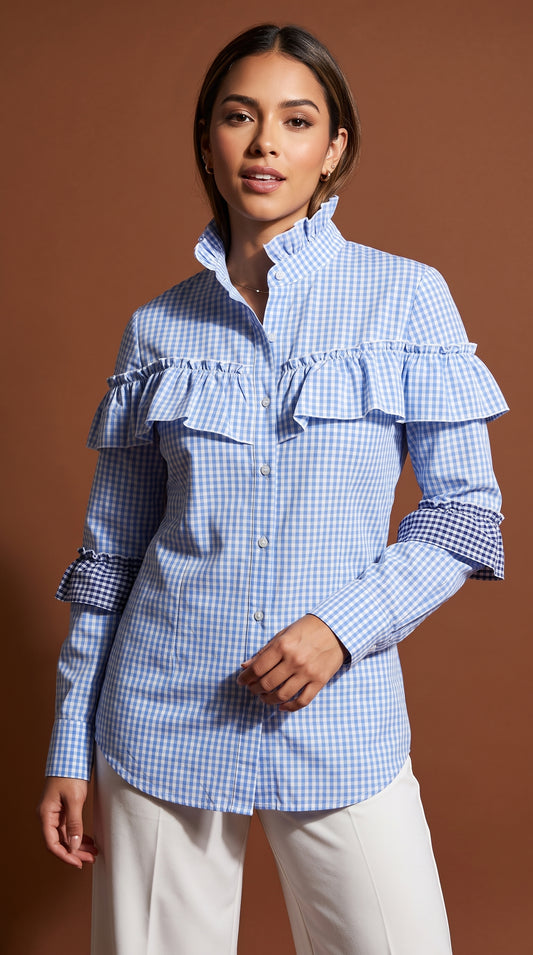 Blusa azul con cuadros y volantes/ AO69