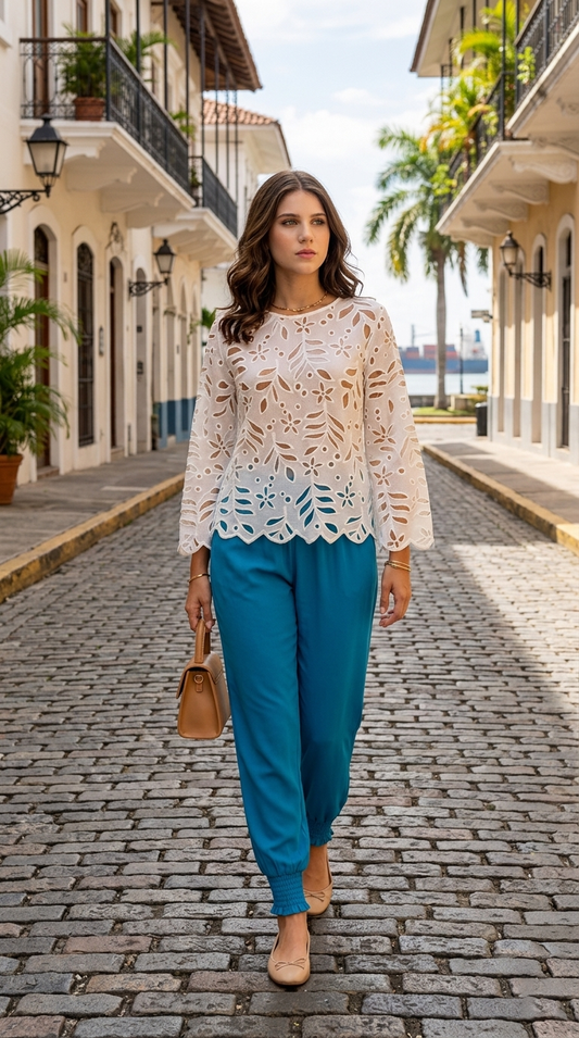 Set Crochet Blanco con Pantalón Azul / CAS47