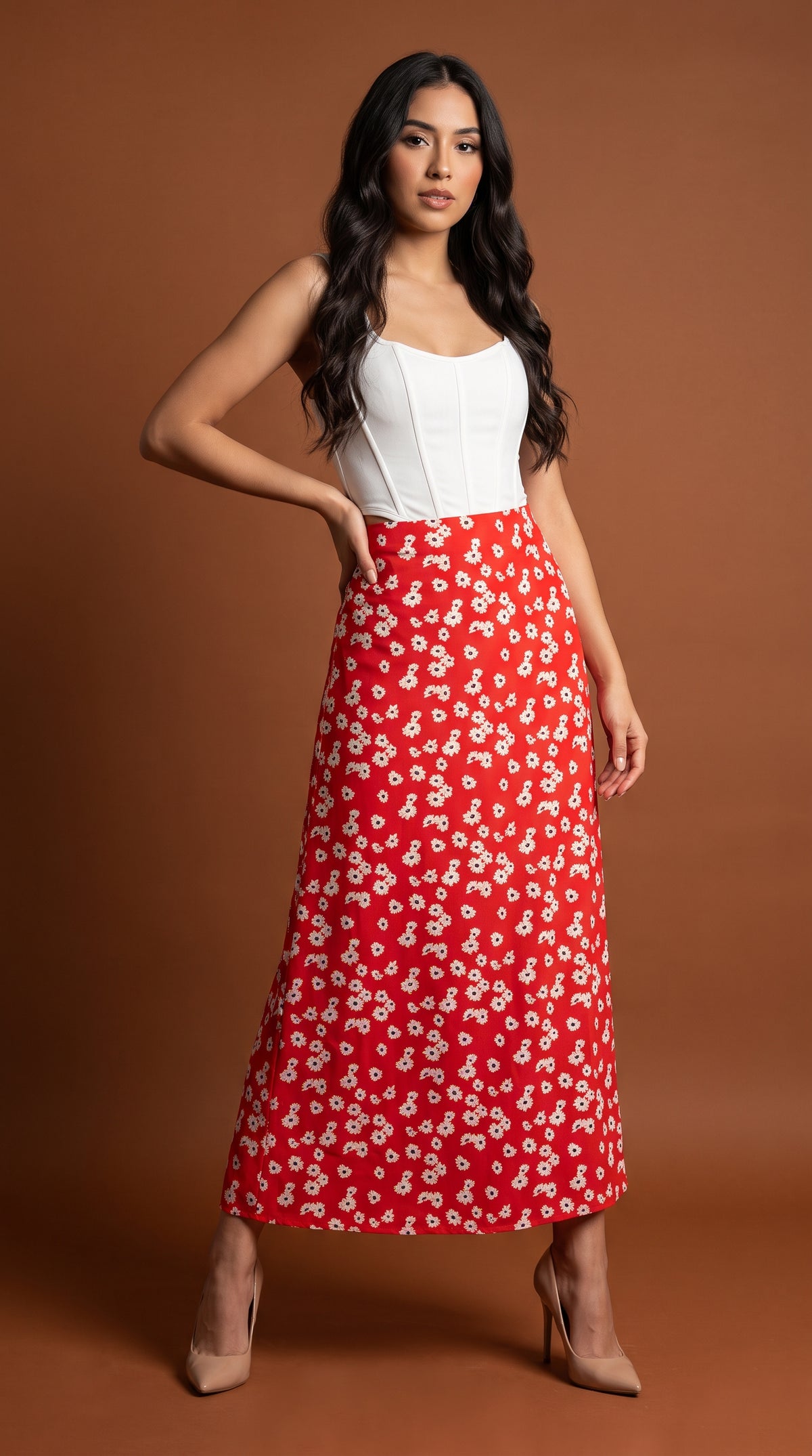 Falda midi roja floral / L19A