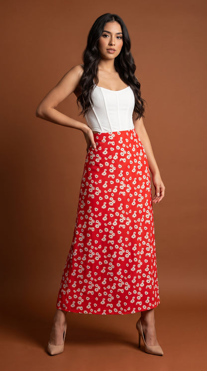 Falda midi roja floral / L19A