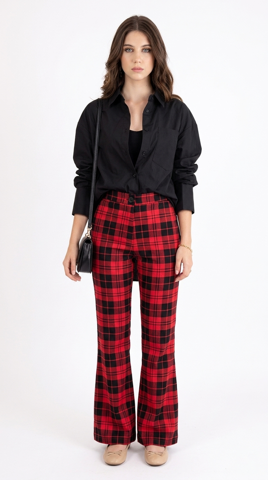 Conjunto Negro con Palazzo Cuadros Rojos / CAS46