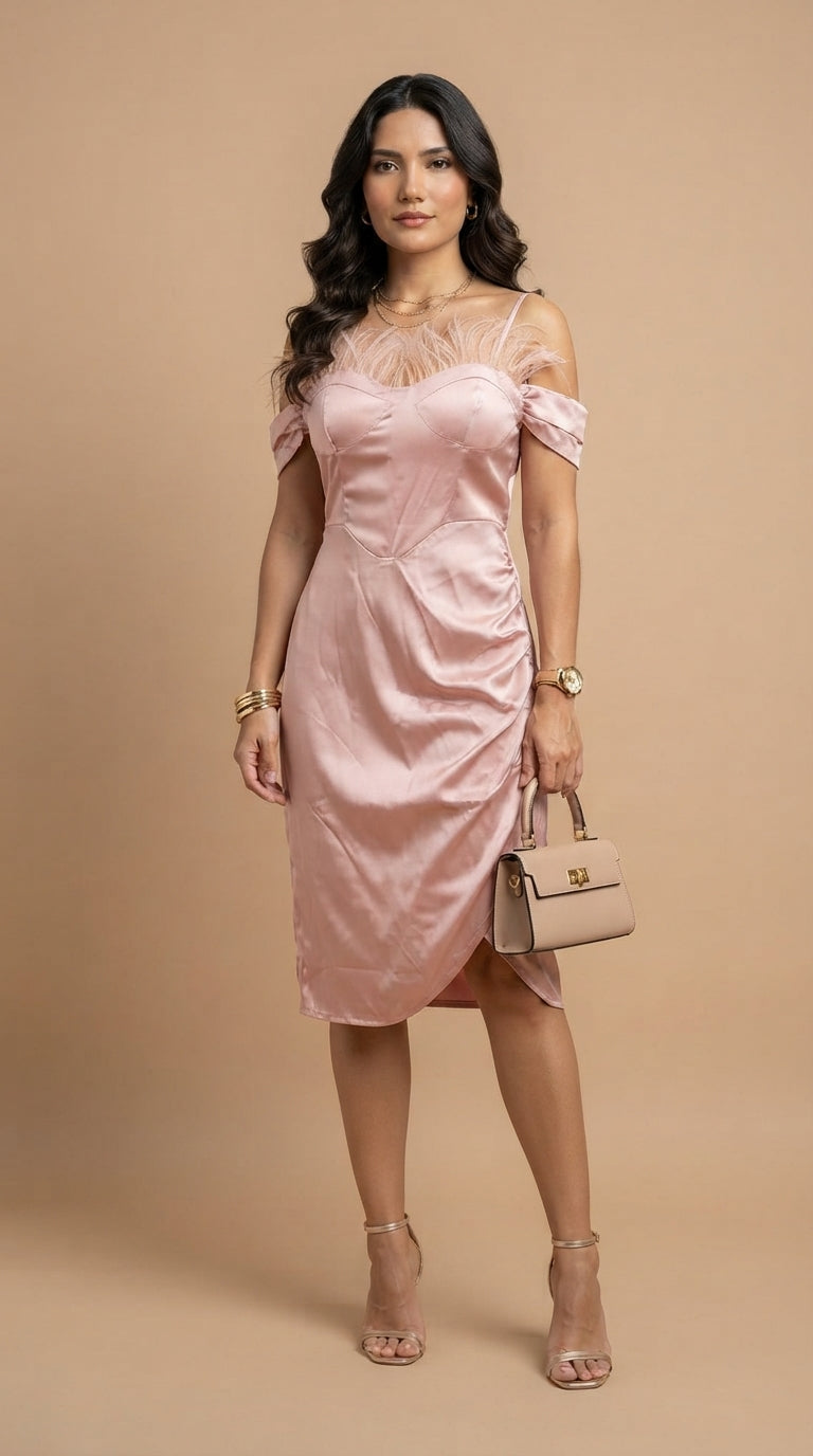 Vestido champán con plumas y escote corazón / UV6