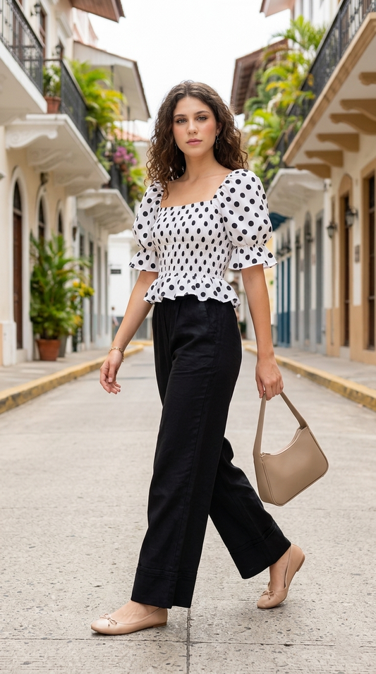 Set Blanco Estampado con Palazzo Negro / CAS43
