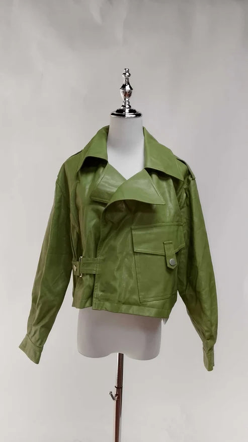 Jacket Cuero Verde + Vestido Maxi Satinado /OUTEV137