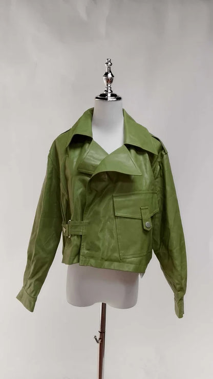 Jacket Cuero Verde + Vestido Maxi Satinado /OUTEV137