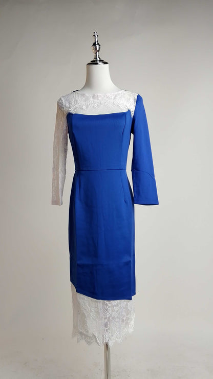 Vestido azul con encaje blanco en manga/ AO41