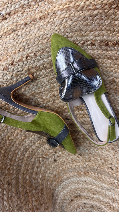 Zapatos Tacón Verde Oliva y Plata / Z260116