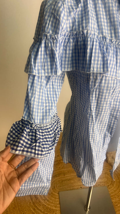 Blusa azul con cuadros y volantes/ AO69