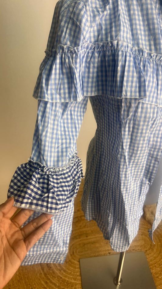 Blusa azul con cuadros y volantes/ AO69